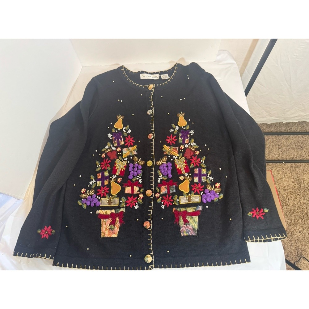 Vintage Victoria Jones Embroidered Christmas Sweater Beaded Trees Presents Small